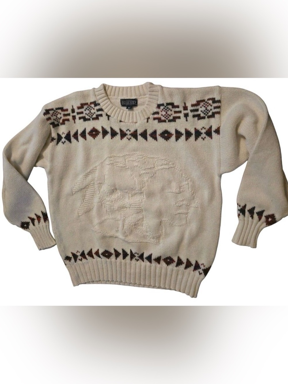 Lands' End Cream Knit Crewneck Sweater 100% Cotton Native American